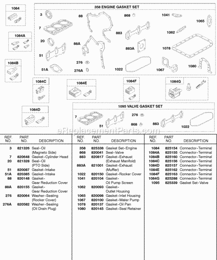 EngineValve Gasket Sets Terminal Connectors Diagram and Parts List for 584447-0205-E2  Briggs and Stratton Engine